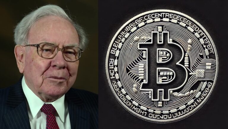 Darstellung von Warren Buffett und einem Symbolbild des Bitcoin